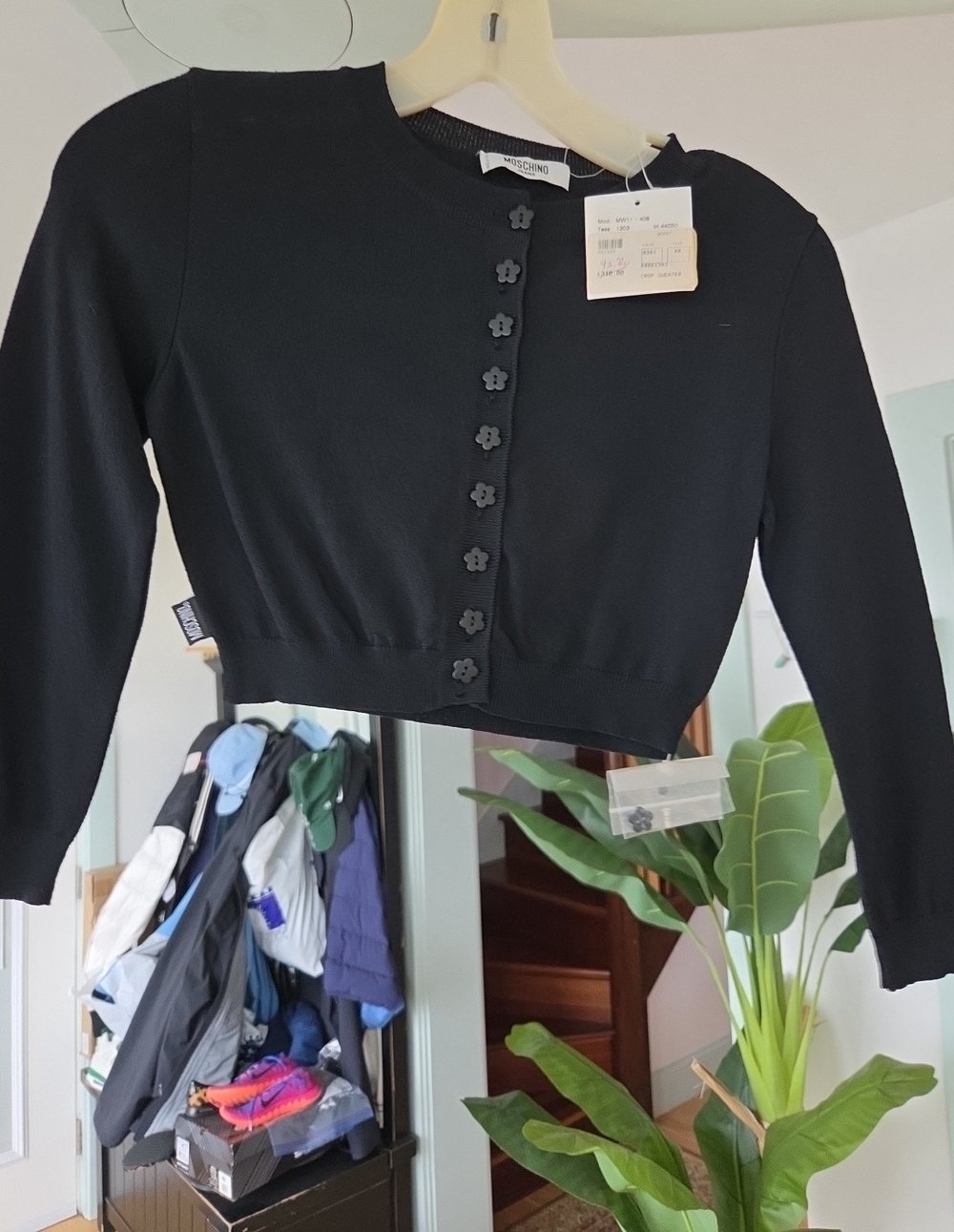 Moschino Black Cropped Knit Cardigan with Flower Buttons